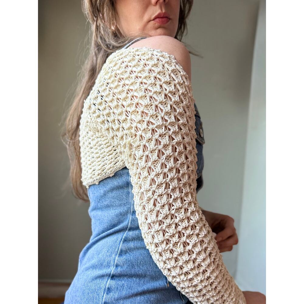 Vintage 90s Crochet Shrug Sweater | Cream Open Weave Knit Bolero | M - Picture 2 of 8